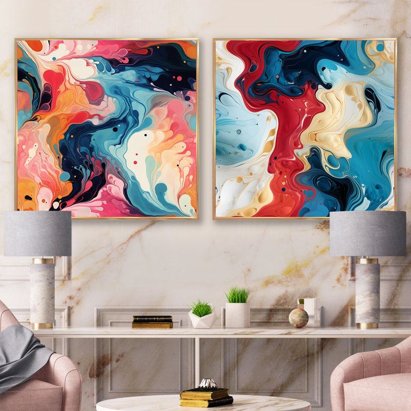 Tourbillons de marbre colorés colorés III - Collages abstraits carrés, ensemble de 2 collages, Cadre flottant doré