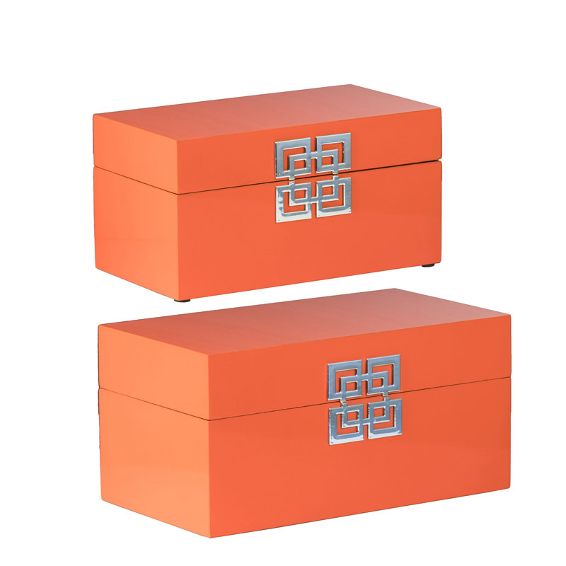 Ensemble de 2 boîtes de rangement décoratives en bois, finition laquée orange avec fermoirs géométriques argentés, Orange
