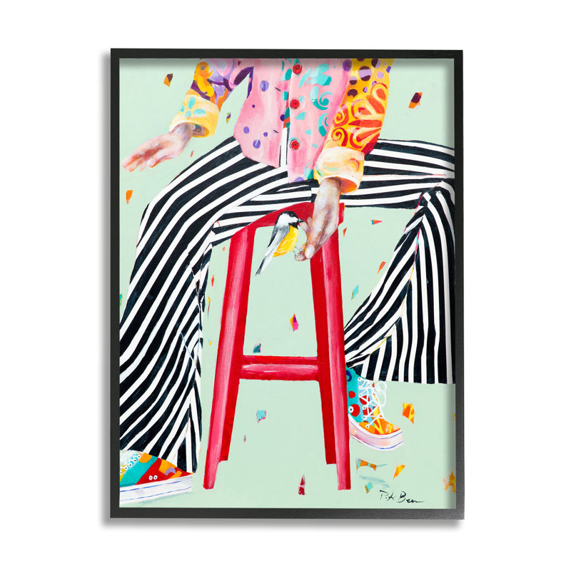 Assis sur un tabouret avec un oiseau, Giclée encadrée noir minuit, H 14 po x l 11 po
