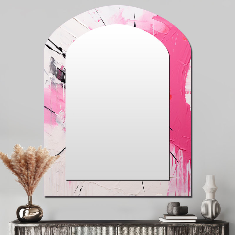 Or et mauve abstrait Fusion II - miroir décoratif arche Fuschia, miroir mural asymétrique traditionnel, impression d'art en métal