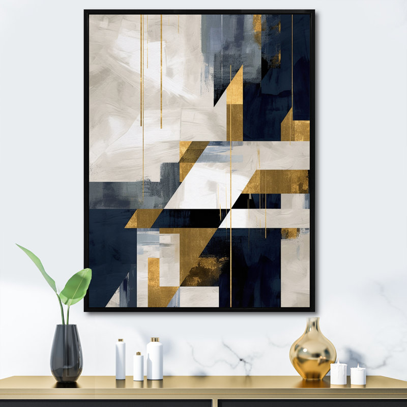 Gold Blue Shapes In Harmony, reproduction d'art sur toile, Cadre flottant noir, H 32 po x l 24 po x P 1 po