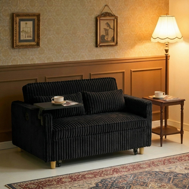Canapé-lit convertible 2 places avec ports USB et table d'appoint intégrée Corduroy, Noir