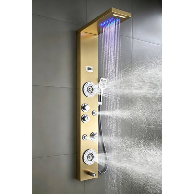 6-way Diverter Shower Tower Panel System with LED Rainfall Waterfall Shower Head, in Brushed Gold