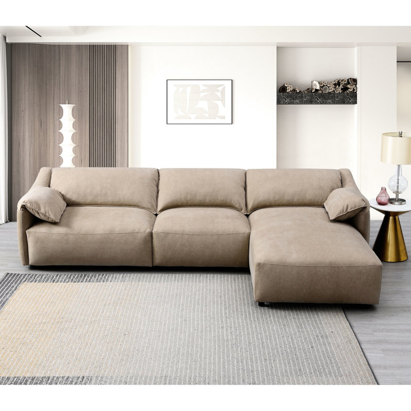 Canapé modulaire en suède de nubuck doux avec méridienne orientée vers la droite - Siège confortable brun relaxant et élégant faisant face à la droite