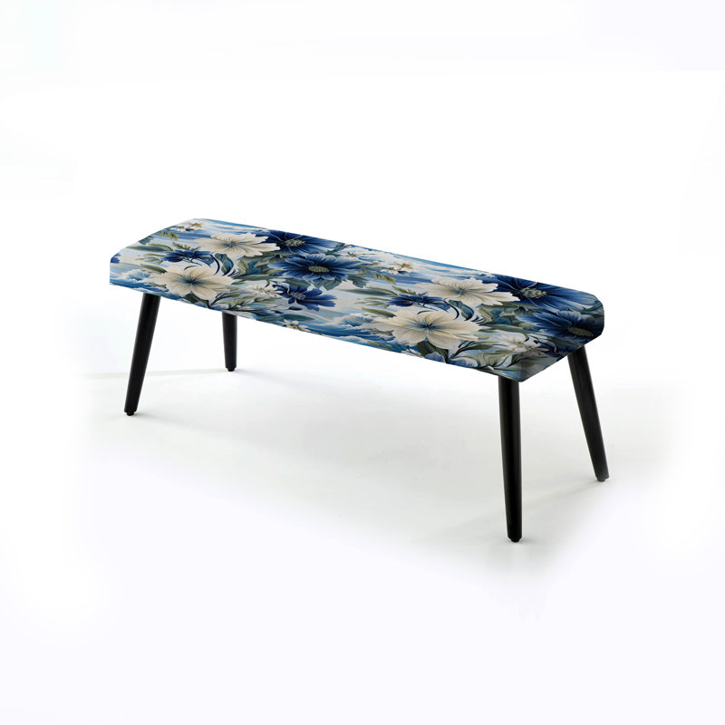 Coastal Blues White Flowers Blooms I - Floral Upholstered Black Bench