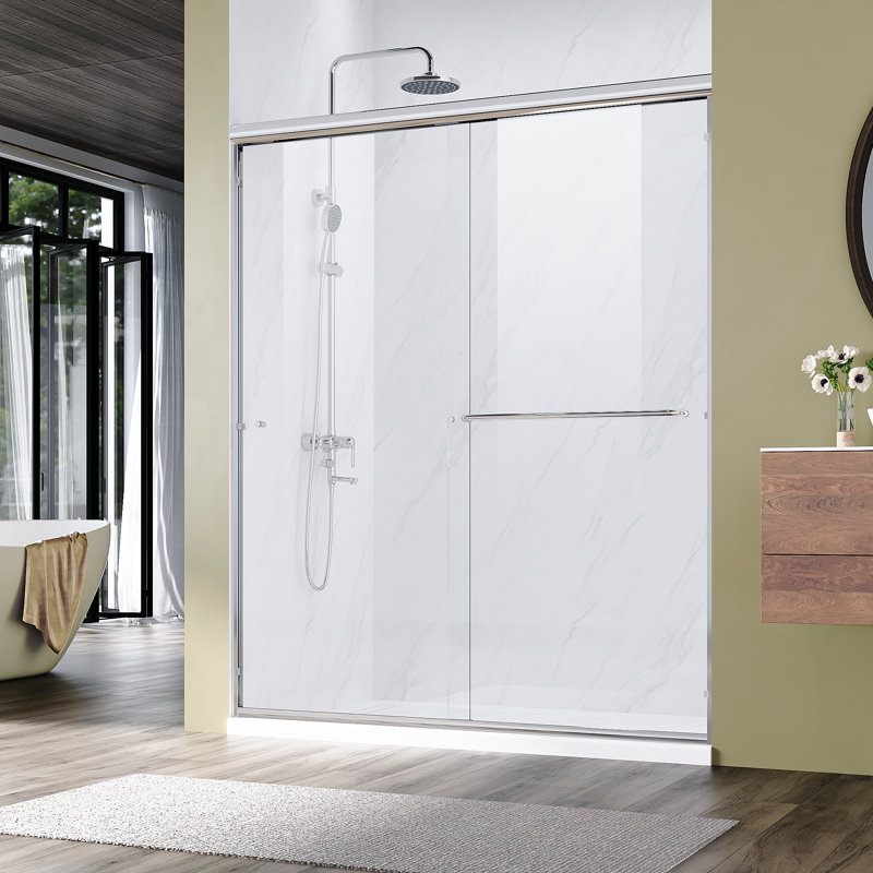  Porte de douche réversible double coulissante avec verre trempé transparent de 6 mm de largeur, l 60 po x H 72 po, Clair