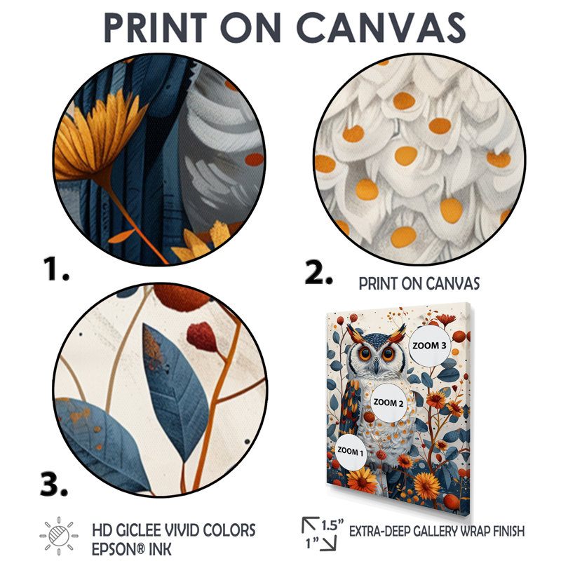 Nobel, hibou en fleurs, fleurs orange, H 20 po x l 12 po x P 1 po, Toile avec cadre flottant noir