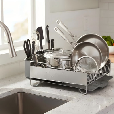 Large Capacity Full Size Rust Resistant Dish Rack with Angled Drain Board and Removable Flatware Caddy, Light Grey