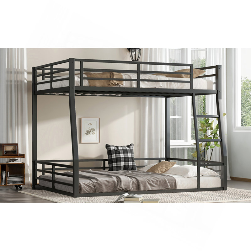 Lit superposé au dessus d'un grand lit double en métal pour les adolescents et les adultes, peu encombrant / sans sommier, noir