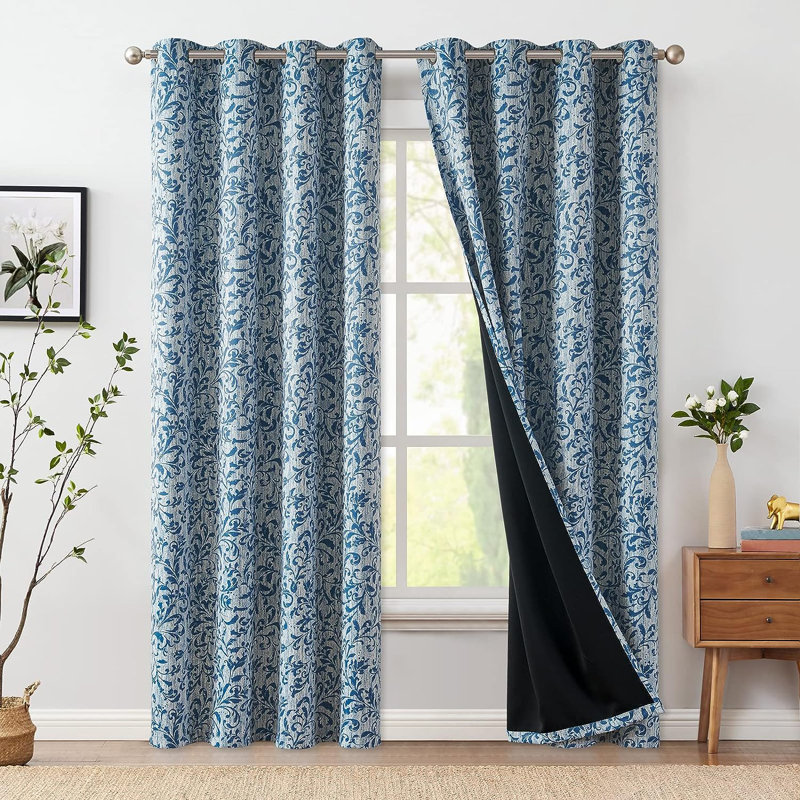 Ghaleb Floral Blackout Curtain Pair Vintage Elegant Curtains for Bedroom, Scroll Blue, 50" W x 96" L