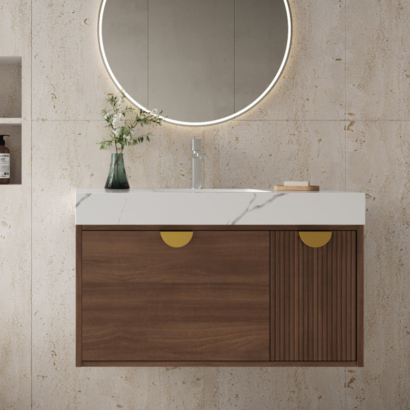 Meuble-lavabo flottant 36 po avec lavabo simple 36 po avec tiroirs et lavabo en céramique, Brun