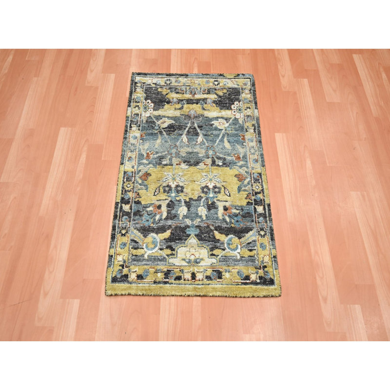 Tapis oriental 2 pi x 3 pi 3 po bleu, jaune, motif persan Abrash, 100% laine, rasé à poils courts, velours nul, tapis oriental noué à la main, mat, échantillon