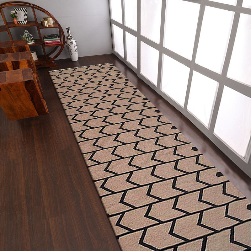 Tapis de couloir en laine Kilim tissés à la main et à plat Alisia - gris anthracite crème, design moderne contemporain, tapis faits à la main à poils courts pour le salon, la chambre à coucher 