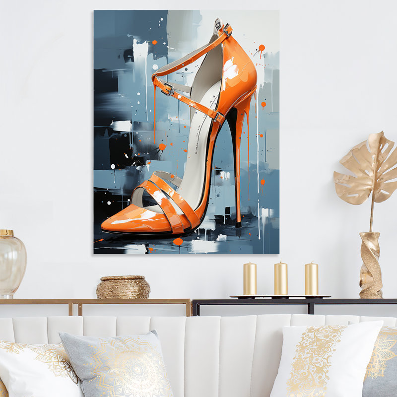Orange et gris High Heeled Elegance In Orange I - Fashion High Heels, art mural en métal, H 20 po x l 12 po x P 1 po