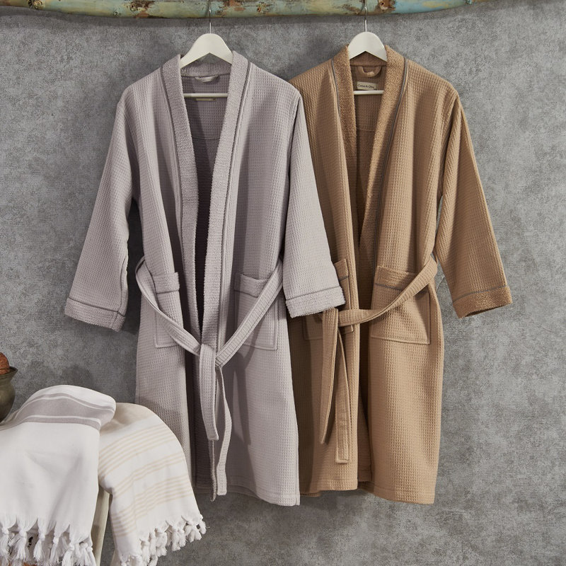 Hammd 100% Cotton Waffle Gender Neutral Mid-Calf Bathrobe with Pockets, S/M, Taupe