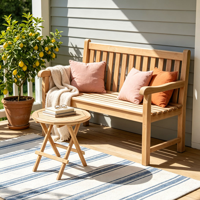 2-Person Teak Outdoor Patio Seating Group With Folding Round Table, Round Folding Table + 1 Teak Bench