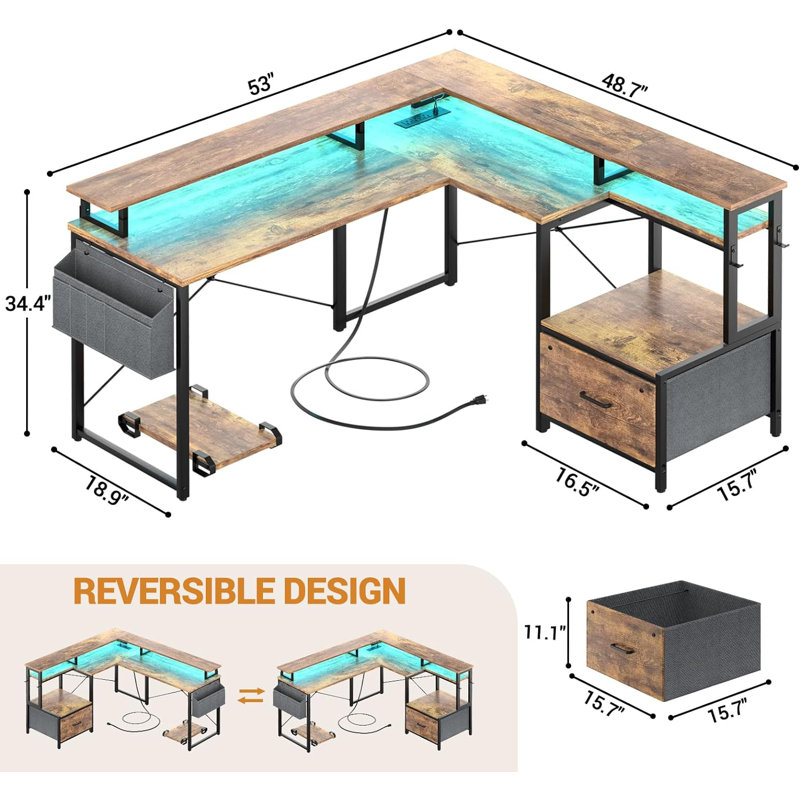Bureau d'ordinateur en L réversible avec tiroir classeur et rangement Vanscoy, Brun / noir