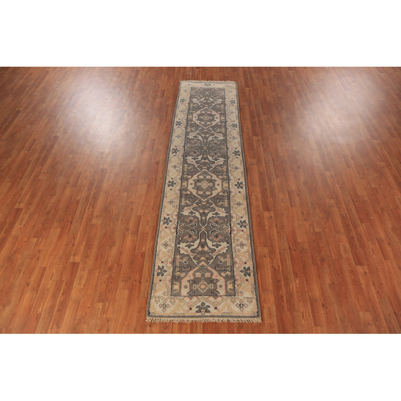 Tapis de couloir indien gris et ivoire en laine Oushak 3 x 10