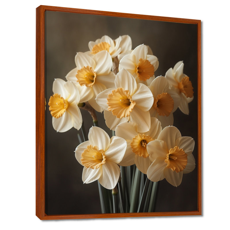 Blanc, jaune, soleil, éclaboussures, jonquilles, jonquilles, art mural, salon, H 34 po x l 44 po, Cadre flottant brun