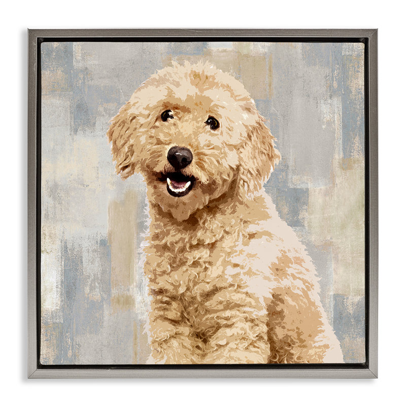 "Sourire Labradoodle", art mural sur toile flottante par Keri Rodgers, Cadre flottant gris lustré, H 25 po x l 25 po