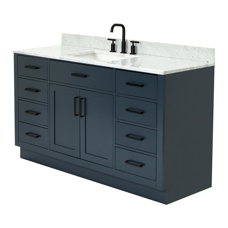 Jameal 60'' Solid Wood Single Bathroom Vanity with 0.75'' Carrara Marble Top Sink, Midnight Blue, Rectangular