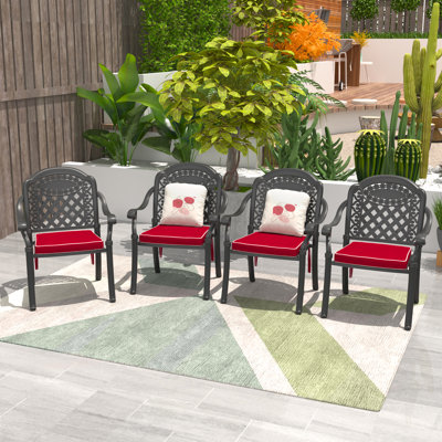 4-Piece Set Stacking Patio Dining Armchair with Red Cushion by Darby Home Co