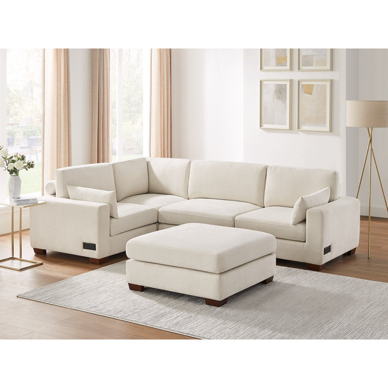 Chayten 5-Piece L-Shaped Upholstered Sectional Couch With 2 USB Ports, 1 Portable Ottoman, Beige Polyester