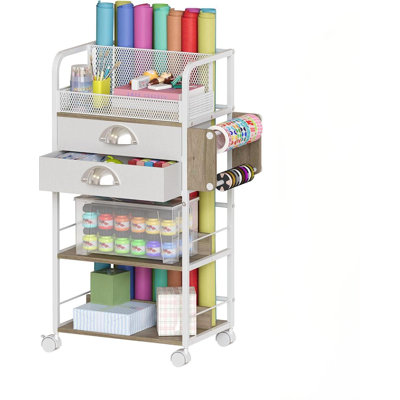 Rolling Craft Storage Cart With 2 Small Fabric Drawers ，Lockable Wheels, DIY Organizer For Wrapping Paper, Paints, Brushes, Craft Supplies, Multi，Tier Craft Cart Tape Holder