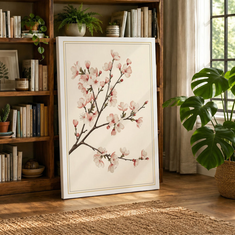 Moonlit Cherry Blossom Botanical - Wrapped Canvas, 24x16 - 61.0 x 40.6 cm, Taupe Border