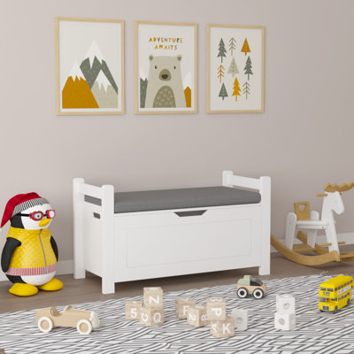 Coffre à jouets pour enfants, coffre à jouets blanc pour garçons, grande armoire de rangement avec banc à coussin / couvercle rabattable / charnière de sécurité, coffre de rangement pour jouets pour chambre de bébé, salle de jeux