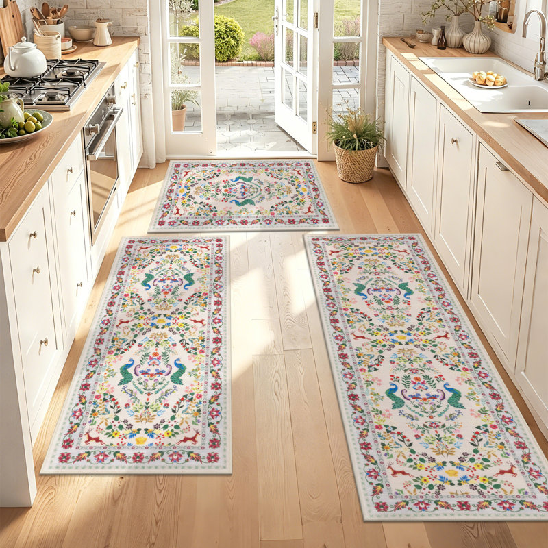 Machine Washable Non-Slip Kitchen Mat, Beige/Yellow/Red