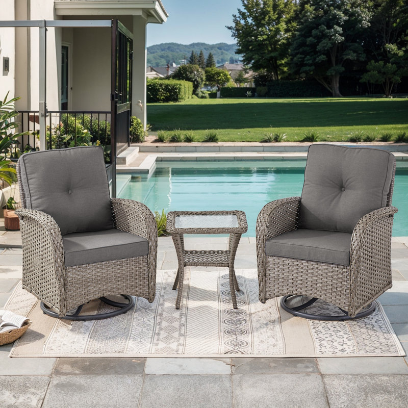 Chaises d'extérieur en rotin de rotin en osier PE avec table d'appoint et coussins Tya, Gris