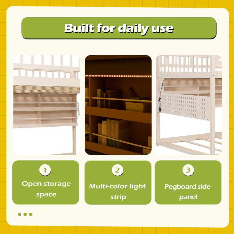 Full Over Full Bunk Bed With Integrated Shelving, Color-Changing Lights And Pegboard, Beige