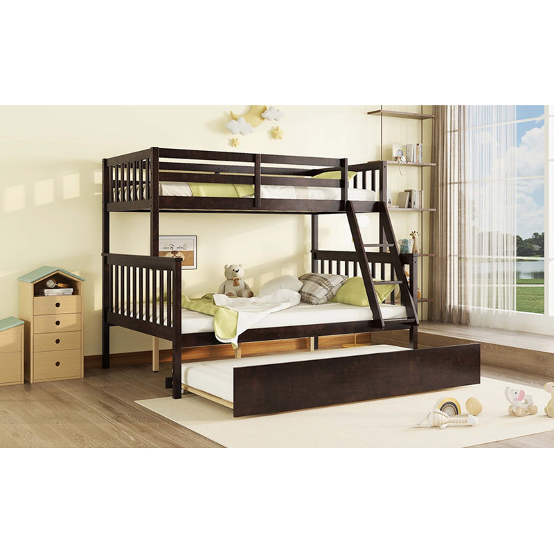 Espresso Rubber Wood Twin-Over-Full Bunk Bed Featuring Trundle, Convertible Ladder, Guardrails, And Detachable Structure