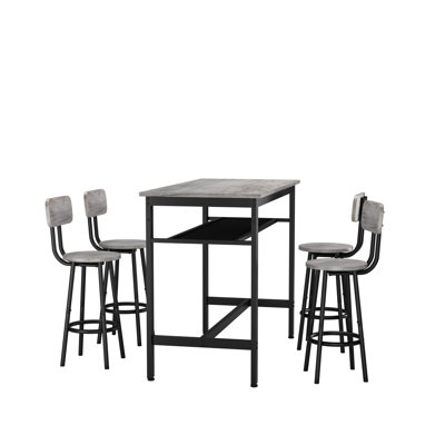 5-Piece Counter Height Bar Table and Chairs Set for 4, with Storage Net, Modern Grey