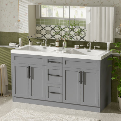 Double meuble-lavabo autoportant 60 po moderne avec deux lavabos SMC, tablettes en U et rangement à 7 compartiments