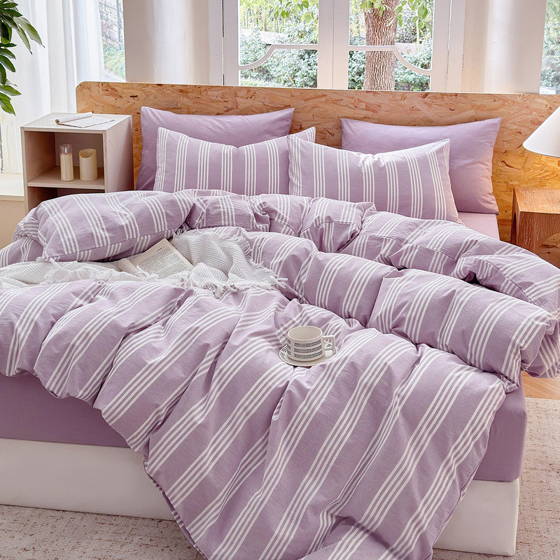DONEUS Striped Duvet Cover Set 100% Washed Cotton Linen Like Soft Feelling 3 Pieces Bedding Set, Light Purple/White
