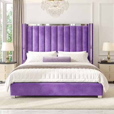 Gerasim Queen Bed Frame with 57" Tall Headboard, Velvet Upholstered Platform Bed,Purple