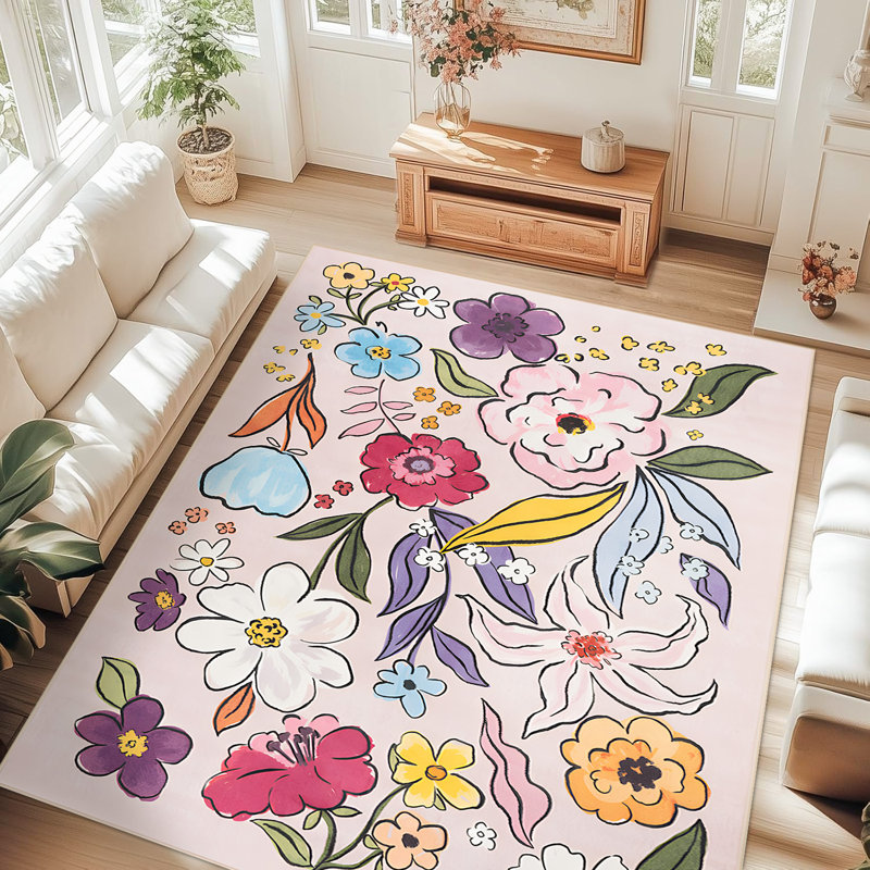 Large Oriental Floral Living Room Rug Washable Bedroom Rug Non-Slip Colorful Vintage Accent Floor Carpet For Home Decor