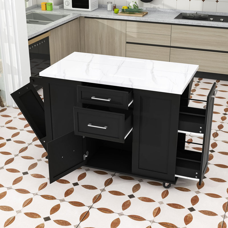Îlot de cuisine roulant avec rangement Poubelle inclinable, rallonge, armoire coulissante et tiroirs, Noir