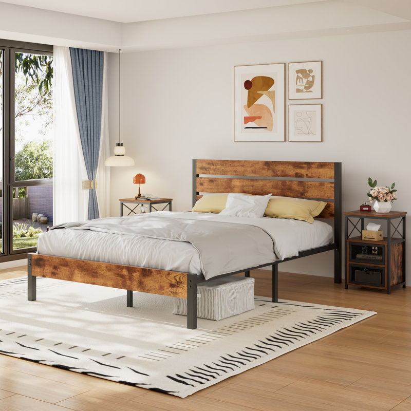 3 Piece Farmhouse Industrial Bedroom Set, Wood Platform Bed & 2 Nightstands, Full Size Bed Frame with Headboard & Footboard, Nightstand with Drawers & Open Shelf Storage, No Box Spring Needed