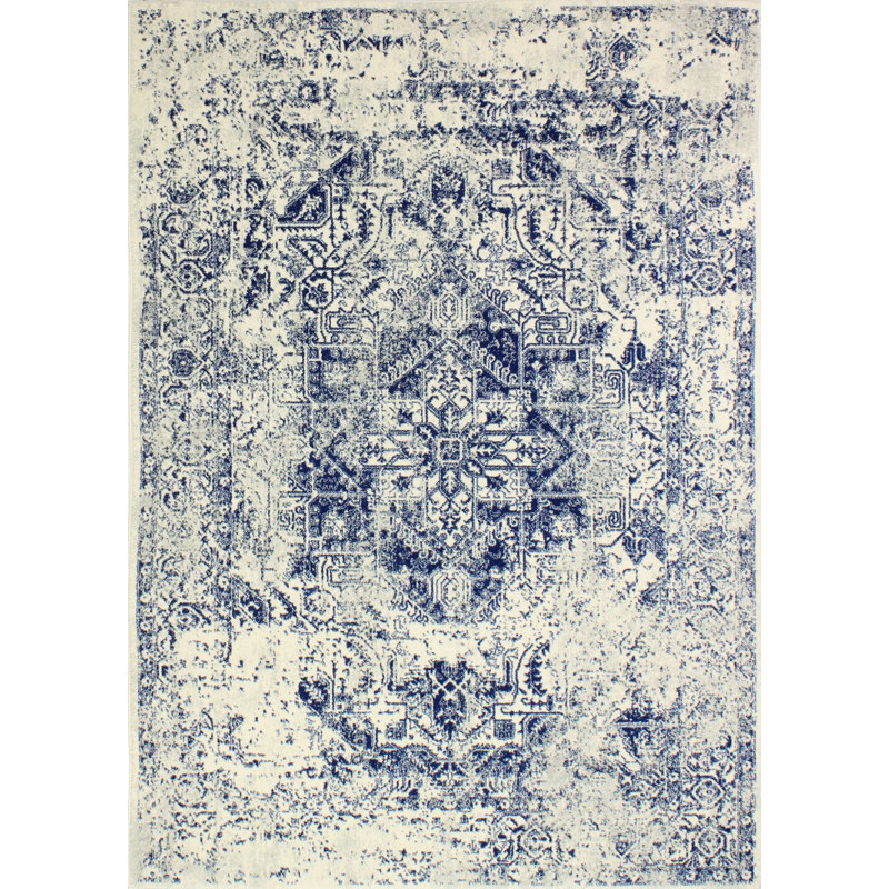 Tapis oriental ivoire / bleu Koffler, Rectangle de 7 pi 6 po x 9 pi 6 po