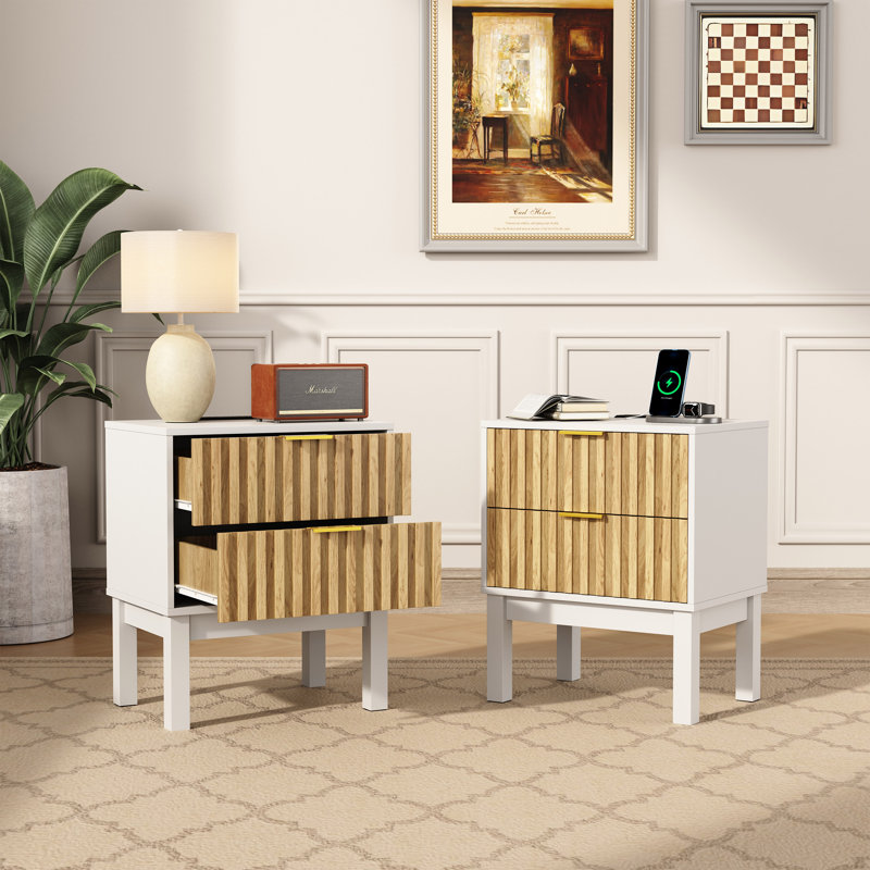 2 Drawers Nightstand With 2 Power Outlets, 1 Usb Port,modern Metal Handle (set Of 2), Natural/White, Set of 2