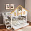 Lit superposé en bois avec escalier de rangement, lit gigogne, toit de maison et porte de fenêtre-283627072