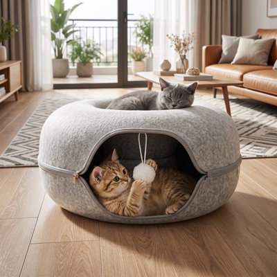 Grand lit tunnel en forme de beignet en feutre pour chat, maison de refuge avec fermeture à glissière, perchoir de jeu supérieur et jeu, abri félin intérieur lavable, gris clair