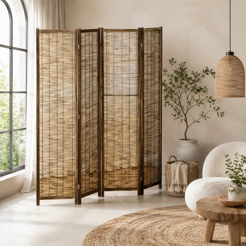 Paravent moderne, paravent compact avec 4 panneaux de roseaux tissés pour un look naturel et une intimité instantanée