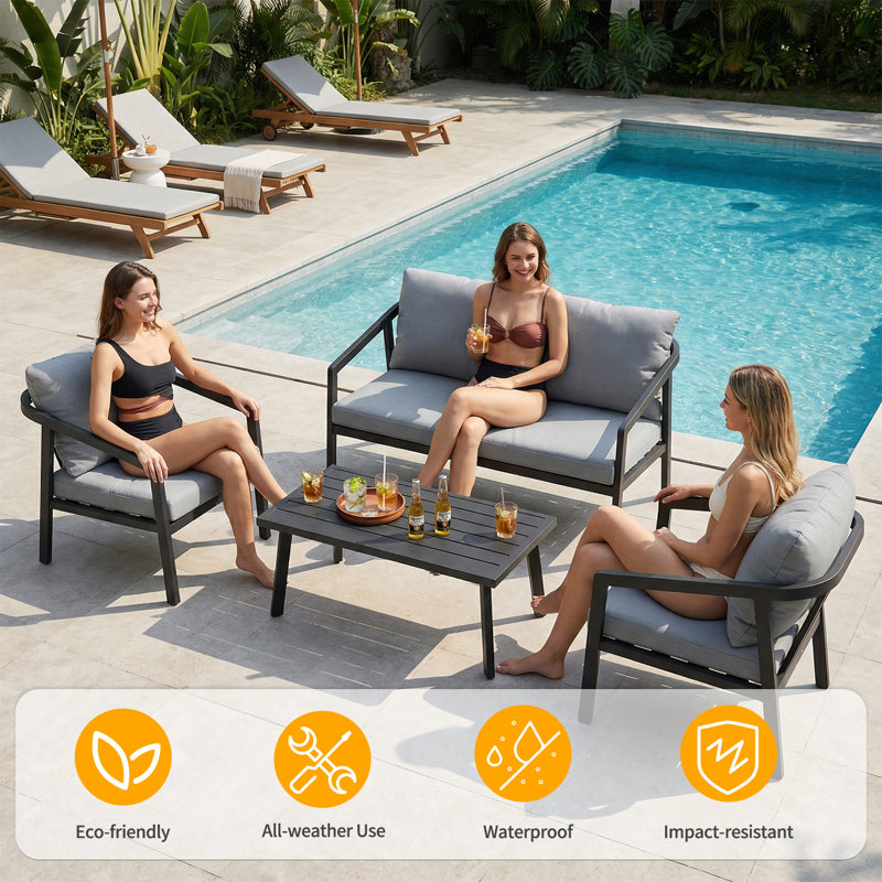 Black Aluminum Outdoor Patio Armchair Set of 2 with Cushions, Gray, Black