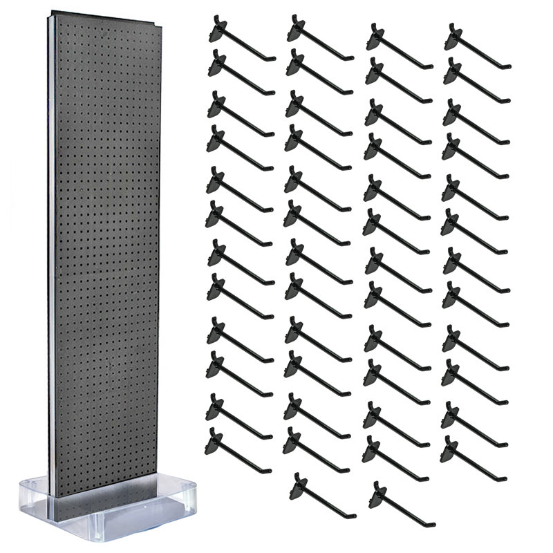 Présentoir de plancher perforé gris anthracite sur une base de studio avec (50) crochets noirs de 6 po