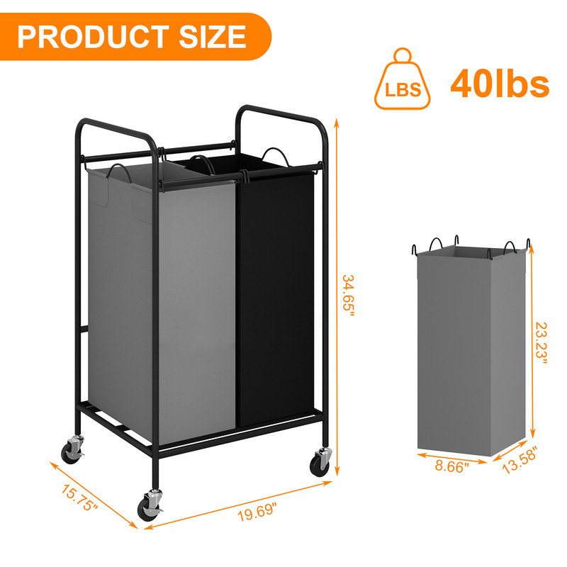 2-Bag Laundry Sorter Cart, 40LBS Rolling Laundry Hamper with Lockable Wheels
