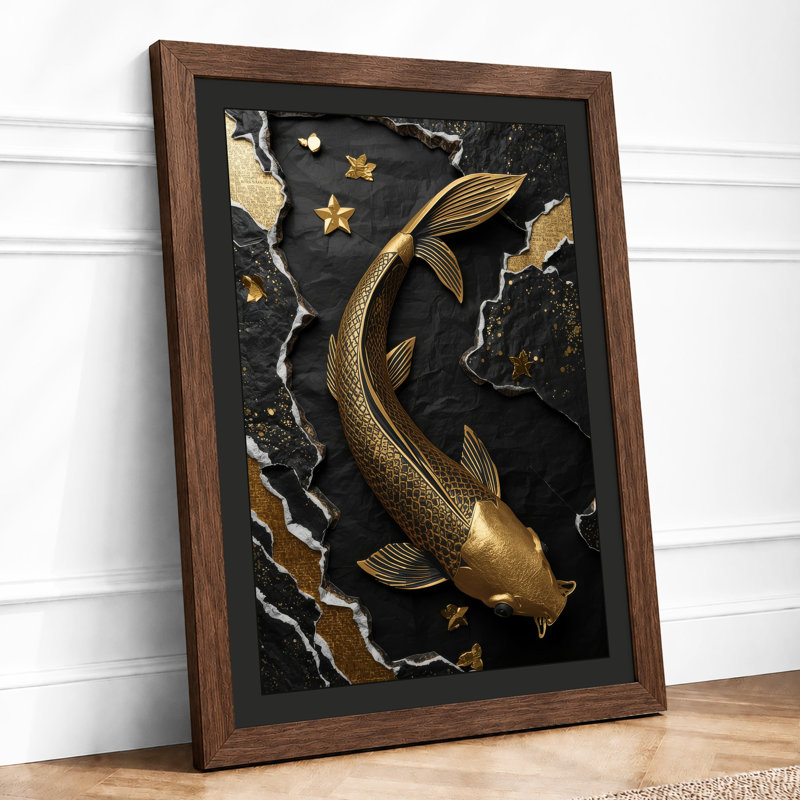 Golden Fish Among Stars Minimalist - Framed Print, Walnut, A4 - 29.7 x 21.0 cm